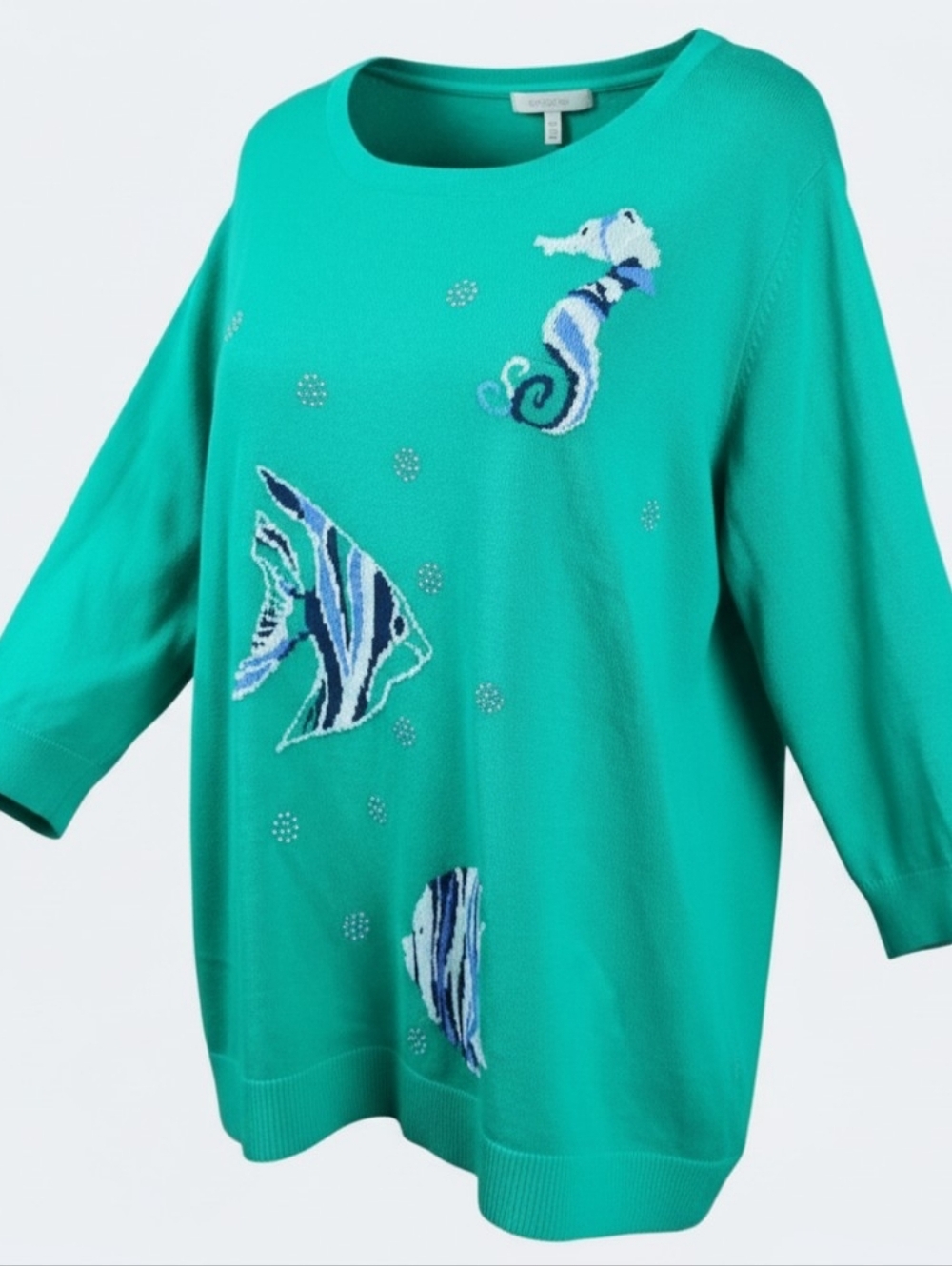 CHRISTOPHER & BANKS‎ | Green Knit Coastal Beach Seaside Fish Sequin Sweater | XL